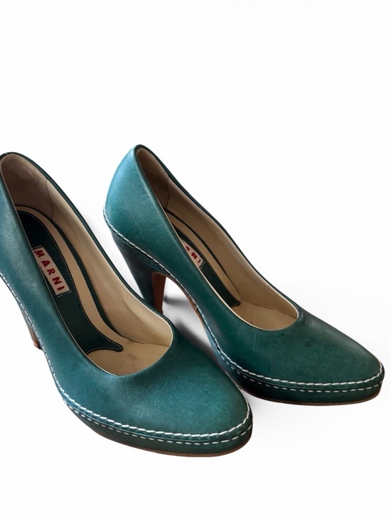 Marni Shoes - Marni Teal Leather Stitched Platform Pumps